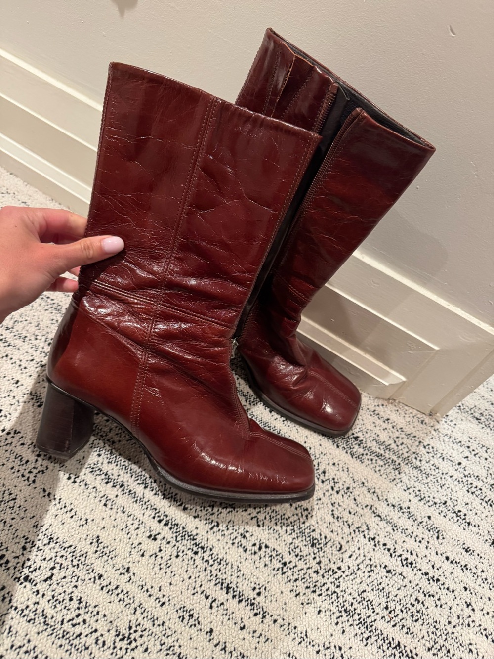 Women's Mid-Calf Leather Heeled Boots - Burgundy/Brown